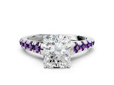 White gold Radiant Cut Diamond Cathedral Solitaire Ring with Round with Amethyst side stone Pavé Band_12