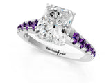 White gold Radiant Cut Diamond Cathedral Solitaire Ring with Round with Amethyst side stone Pavé Band_13