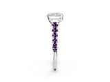 White gold Radiant Cut Diamond Cathedral Solitaire Ring with Round with Amethyst side stone Pavé Band_14