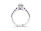 White gold Radiant Cut Diamond Cathedral Solitaire Ring with Round with Amethyst side stone Pavé Band_15