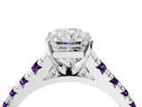 White gold Radiant Cut Diamond Cathedral Solitaire Ring with Round with Amethyst side stone Pavé Band_16