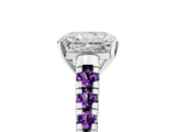 White gold Radiant Cut Diamond Cathedral Solitaire Ring with Round with Amethyst side stone Pavé Band_17