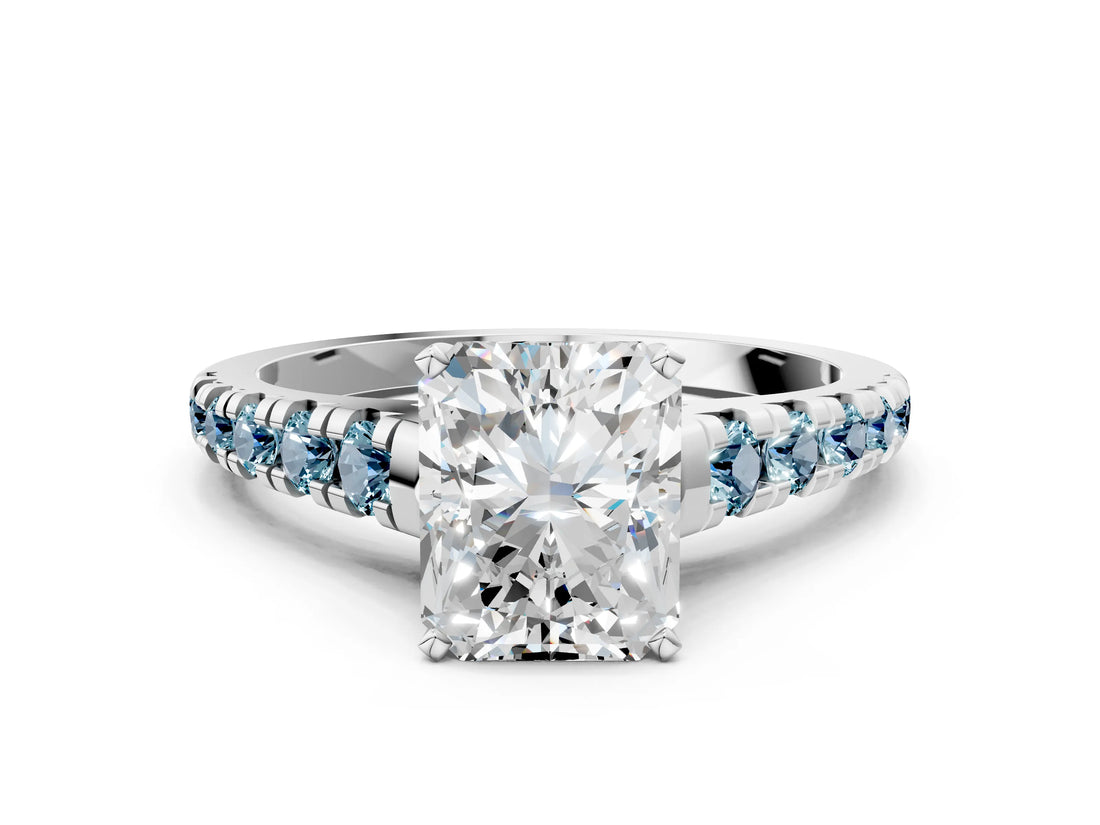 White gold Radiant Cut Diamond Cathedral Solitaire Ring with Round with Aquamarine side stone Pavé Band_12