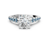 White gold Radiant Cut Diamond Cathedral Solitaire Ring with Round with Aquamarine side stone Pavé Band_12