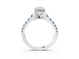 White gold Radiant Cut Diamond Cathedral Solitaire Ring with Round with Aquamarine side stone Pavé Band_15