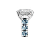 White gold Radiant Cut Diamond Cathedral Solitaire Ring with Round with Aquamarine side stone Pavé Band_17