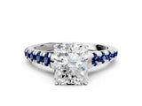 White gold Radiant Cut Diamond Cathedral Solitaire Ring with Round with Blue Sapphire side stone Pavé Band_36
