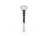 White gold Radiant Cut Diamond Cathedral Solitaire Ring with Round with Blue Sapphire side stone Pavé Band_38