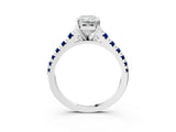 White gold Radiant Cut Diamond Cathedral Solitaire Ring with Round with Blue Sapphire side stone Pavé Band_39