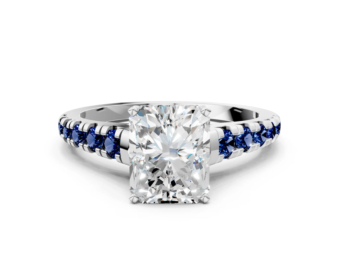 White gold Radiant Cut Diamond Cathedral Solitaire Ring with Round with Blue Sapphire side stone Pavé Band_48
