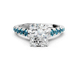 White gold Radiant Cut Diamond Cathedral Solitaire Ring with Round with Blue Topaz side stone Pavé Band_18
