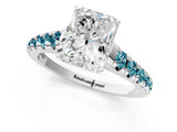 White gold Radiant Cut Diamond Cathedral Solitaire Ring with Round with Blue Topaz side stone Pavé Band_19