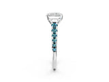 White gold Radiant Cut Diamond Cathedral Solitaire Ring with Round with Blue Topaz side stone Pavé Band_20