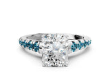 White gold Radiant Cut Diamond Cathedral Solitaire Ring with Round with Blue Topaz side stone Pavé Band_23