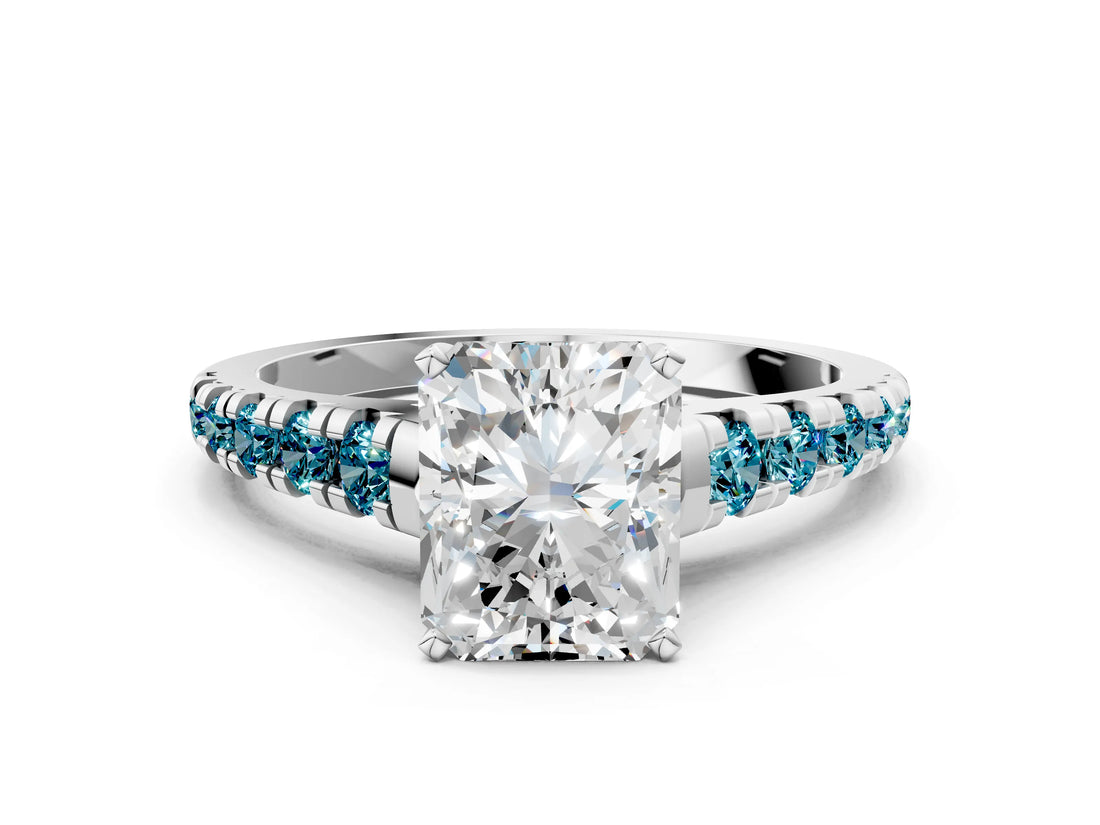 White gold Radiant Cut Diamond Cathedral Solitaire Ring with Round with Blue Topaz side stone Pavé Band_24