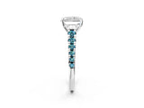 White gold Radiant Cut Diamond Cathedral Solitaire Ring with Round with Blue Topaz side stone Pavé Band_32