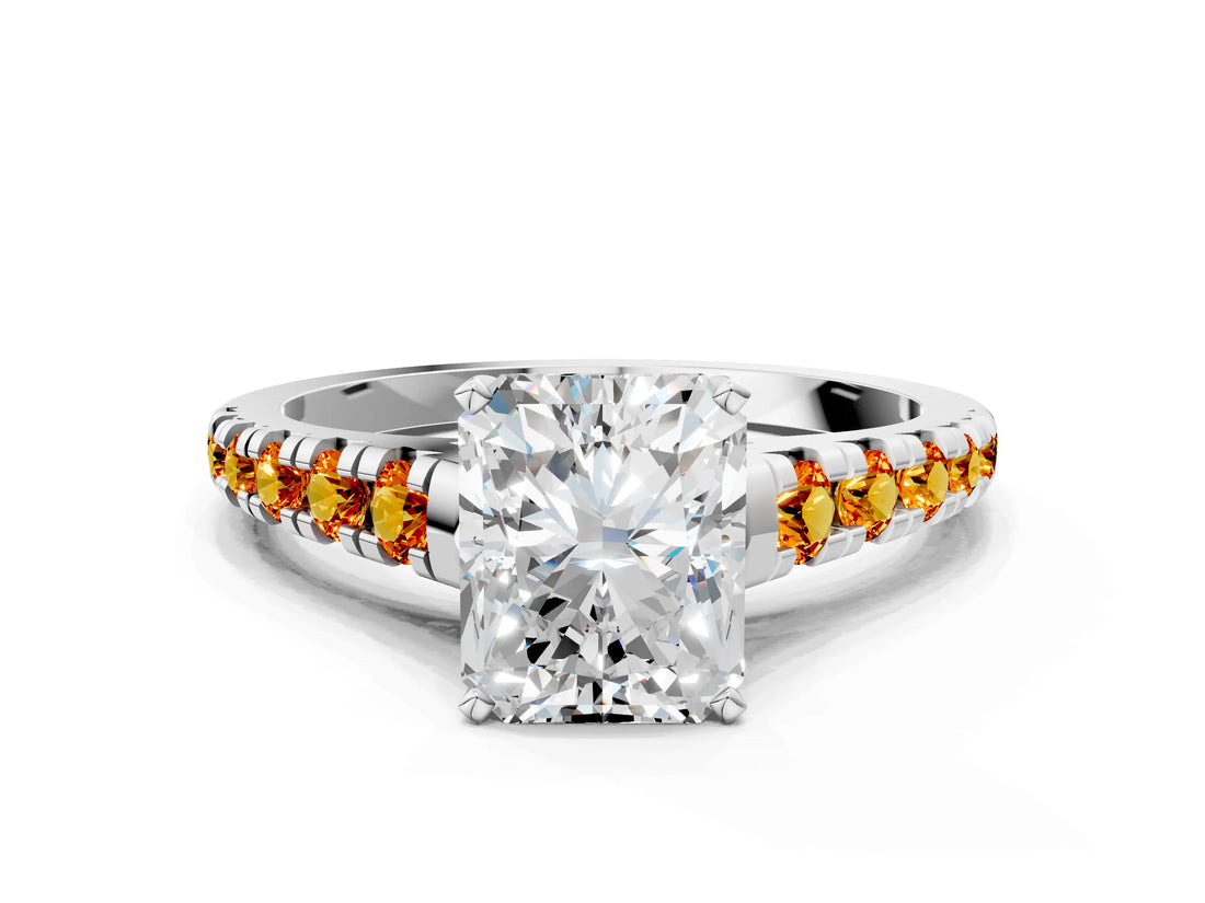 White gold Radiant Cut Diamond Cathedral Solitaire Ring with Round with Citrine side stone Pavé Band_12