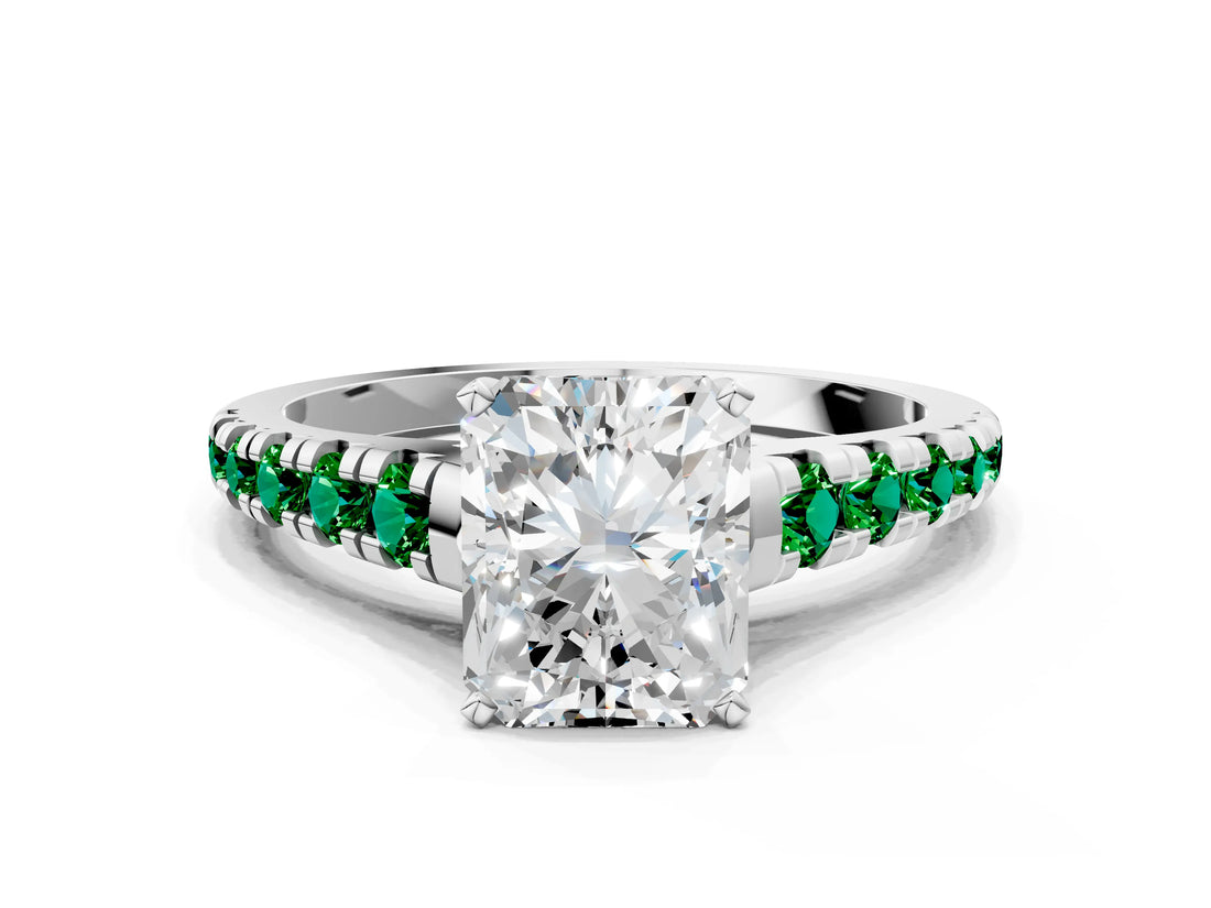 White gold Radiant Cut Diamond Cathedral Solitaire Ring with Round with Emerald side stone Pavé Band