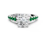 White gold Radiant Cut Diamond Cathedral Solitaire Ring with Round with Emerald side stone Pavé Band