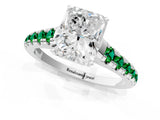 White gold Radiant Cut Diamond Cathedral Solitaire Ring with Round with Emerald side stone Pavé Band_1