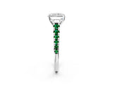 White gold Radiant Cut Diamond Cathedral Solitaire Ring with Round with Emerald side stone Pavé Band_2