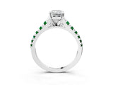White gold Radiant Cut Diamond Cathedral Solitaire Ring with Round with Emerald side stone Pavé Band_3