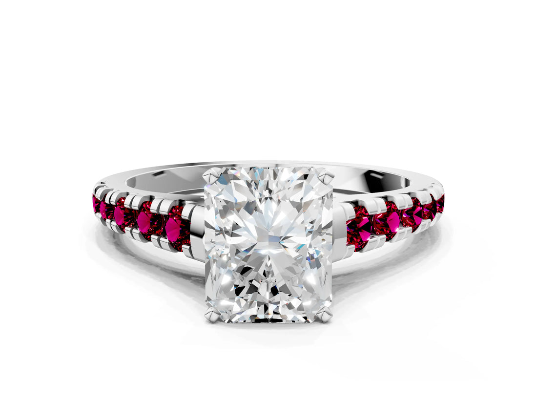 White gold Radiant Cut Diamond Cathedral Solitaire Ring with Round with Garnet side stone Pavé Band_12