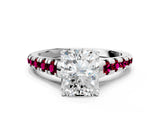 White gold Radiant Cut Diamond Cathedral Solitaire Ring with Round with Garnet side stone Pavé Band_12