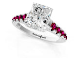 White gold Radiant Cut Diamond Cathedral Solitaire Ring with Round with Garnet side stone Pavé Band_13