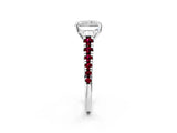 White gold Radiant Cut Diamond Cathedral Solitaire Ring with Round with Garnet side stone Pavé Band_14