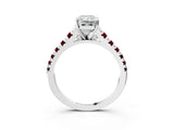 White gold Radiant Cut Diamond Cathedral Solitaire Ring with Round with Garnet side stone Pavé Band_15