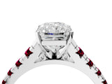 White gold Radiant Cut Diamond Cathedral Solitaire Ring with Round with Garnet side stone Pavé Band_16