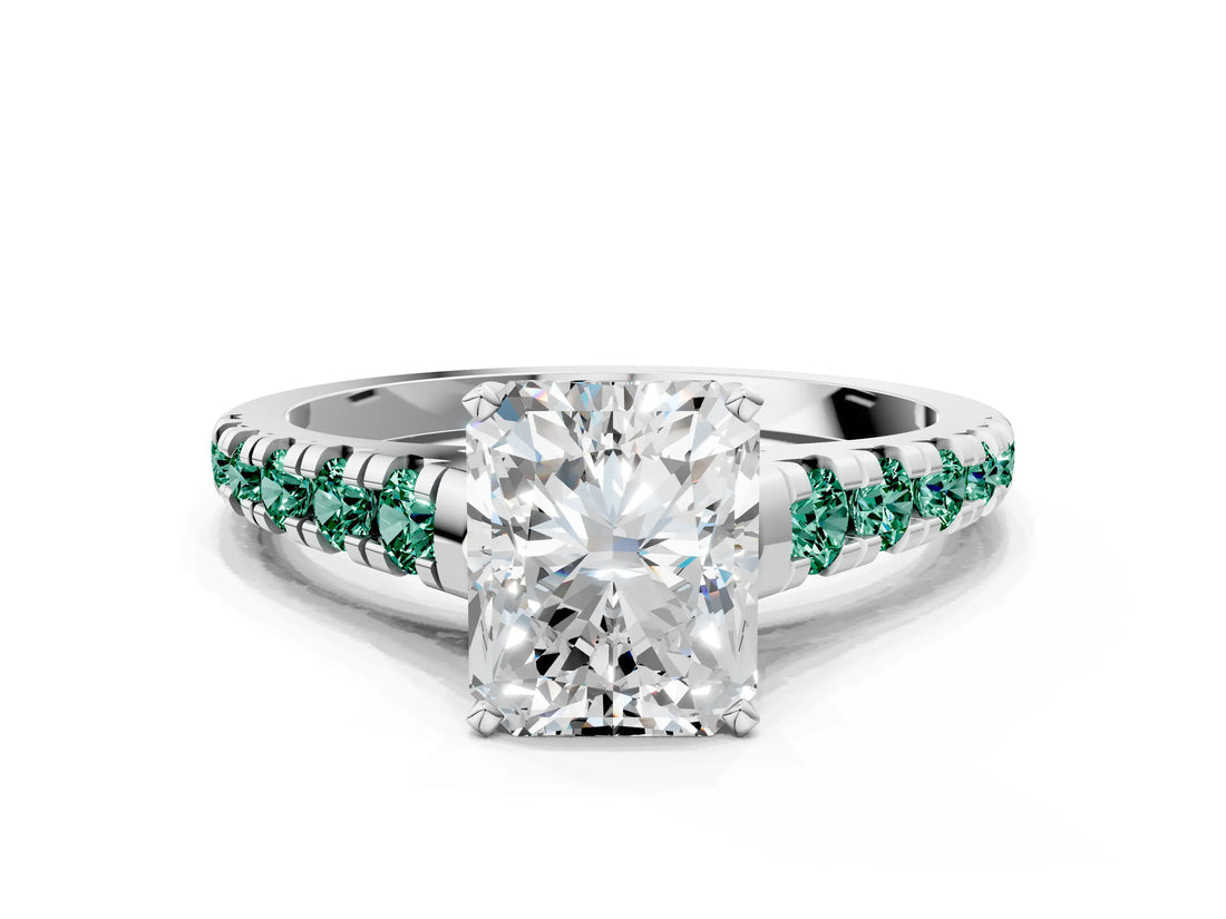 White gold Radiant Cut Diamond Cathedral Solitaire Ring with Round with Green Sapphire side stone Pavé Band_12