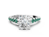 White gold Radiant Cut Diamond Cathedral Solitaire Ring with Round with Green Sapphire side stone Pavé Band_12
