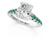 White gold Radiant Cut Diamond Cathedral Solitaire Ring with Round with Green Sapphire side stone Pavé Band_13