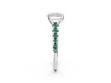 White gold Radiant Cut Diamond Cathedral Solitaire Ring with Round with Green Sapphire side stone Pavé Band_14