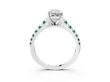 White gold Radiant Cut Diamond Cathedral Solitaire Ring with Round with Green Sapphire side stone Pavé Band_15