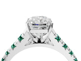 White gold Radiant Cut Diamond Cathedral Solitaire Ring with Round with Green Sapphire side stone Pavé Band_16