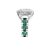 White gold Radiant Cut Diamond Cathedral Solitaire Ring with Round with Green Sapphire side stone Pavé Band_17