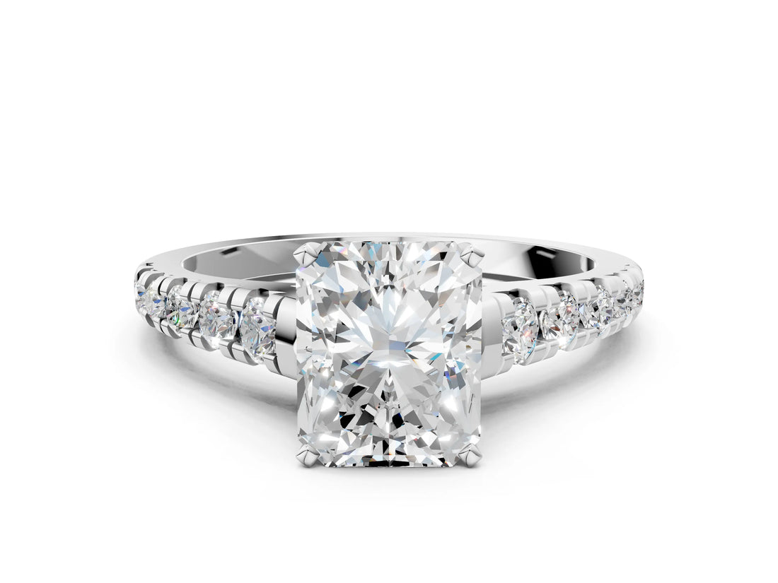 White gold Radiant Cut Diamond Cathedral Solitaire Ring with Round with Moissanite side stone Pavé Band_12