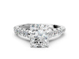 White gold Radiant Cut Diamond Cathedral Solitaire Ring with Round with Moissanite side stone Pavé Band_12