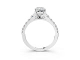 White gold Radiant Cut Diamond Cathedral Solitaire Ring with Round with Moissanite side stone Pavé Band_15