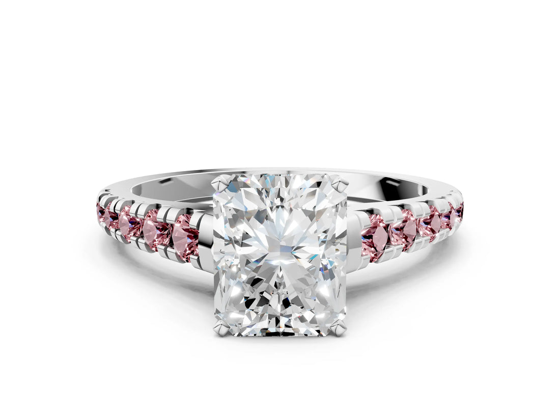 White gold Radiant Cut Diamond Cathedral Solitaire Ring with Round with Morganite side stone Pavé Band_12