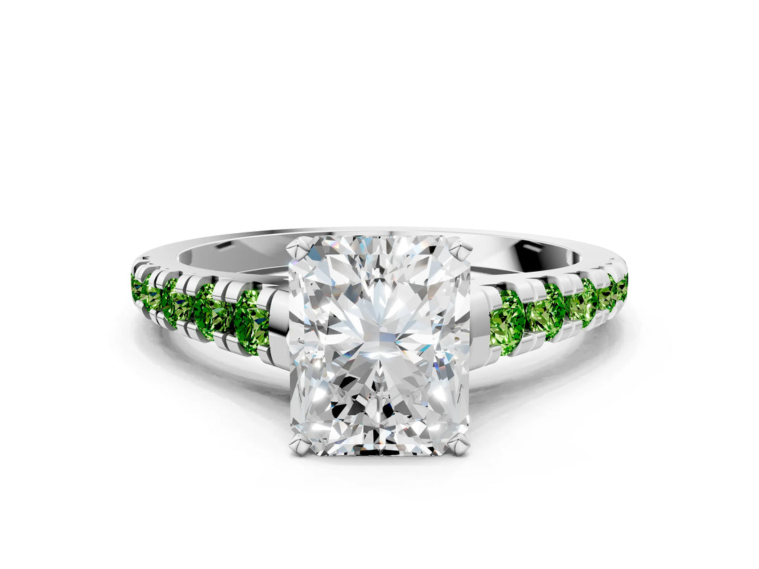White gold Radiant Cut Diamond Cathedral Solitaire Ring with Round with Peridot side stone Pavé Band
