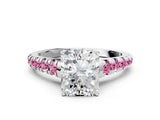 White gold Radiant Cut Diamond Cathedral Solitaire Ring with Round with Pink Sapphire side stone Pavé Band_12