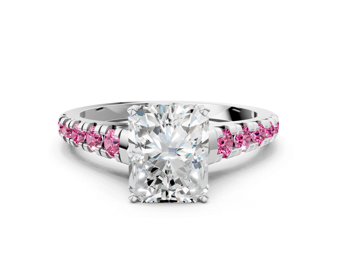 White gold Radiant Cut Diamond Cathedral Solitaire Ring with Round with Pink Sapphire side stone Pavé Band_12