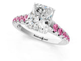 White gold Radiant Cut Diamond Cathedral Solitaire Ring with Round with Pink Sapphire side stone Pavé Band_13