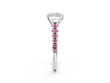 White gold Radiant Cut Diamond Cathedral Solitaire Ring with Round with Pink Sapphire side stone Pavé Band_14