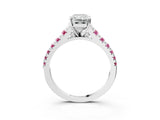 White gold Radiant Cut Diamond Cathedral Solitaire Ring with Round with Pink Sapphire side stone Pavé Band_15