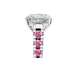 White gold Radiant Cut Diamond Cathedral Solitaire Ring with Round with Pink Sapphire side stone Pavé Band_17